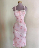Lovely Pink Spaghetti Straps Midi Party Dress Birthday Outfits HZ0319