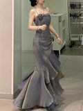 Grey Spaghetti Straps Vintage Sheath Chiffon Long Evening Gown HZ0319