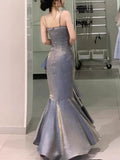 Grey Spaghetti Straps Vintage Sheath Chiffon Long Evening Gown HZ0319