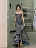 Grey Spaghetti Straps Vintage Sheath Chiffon Long Evening Gown HZ0319