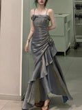 Grey Spaghetti Straps Vintage Sheath Chiffon Long Evening Gown HZ0319