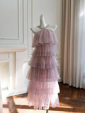 Pink Halter A-Line Layered Shiny Party Dress Birthday Outfits HZ0319