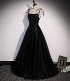 Black Straps A-Line Tulle Sequin Long Formal Party Dress Prom Gown HZ0319