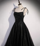 Black Straps A-Line Tulle Sequin Long Formal Party Dress Prom Gown HZ0319