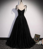 Black Straps A-Line Tulle Sequin Long Formal Party Dress Prom Gown HZ0319