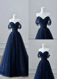 Navy Blue Off Shoulder A-Line Tulle Long Formal Party Dress Prom Gown HZ0319