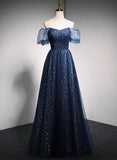 Shiny Navy Blue A-Line Tulle Long Formal Party Dress Prom Gown HZ0319
