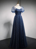 Shiny Navy Blue A-Line Tulle Long Formal Party Dress Prom Gown HZ0319