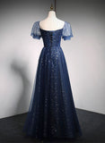 Shiny Navy Blue A-Line Tulle Long Formal Party Dress Prom Gown HZ0319