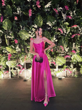 Fuchsia Straps A-Line Satin Long Evening Party Dress HZ0319