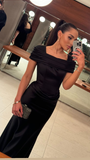 Elegant Black Short Sleeves Mermaid Satin Long Formal Party Dress HZ0319