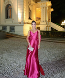 Hot Pink V Neck A-Line Bowknot Satin Long Formal Party Dress HZ0319