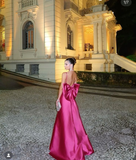Hot Pink V Neck A-Line Bowknot Satin Long Formal Party Dress HZ0319