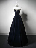 Dark Navy Strapless A-Line Velvet Long Formal Party Dress HZ0319