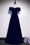 Royal Blue Off Shoulder A-Line Velvet Long Formal Party Dress HZ0319