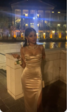 Champagne Spaghetti Straps Sheath Satin Long Evening Party Dress HZ0319