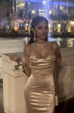 Champagne Spaghetti Straps Sheath Satin Long Evening Party Dress HZ0319