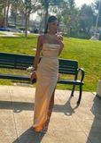 Champagne Spaghetti Straps Sheath Satin Long Evening Party Dress HZ0319