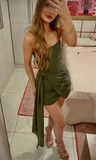 Green Spaghetti Straps Sheath Short Party Dress Homecoming Dress HZ0319