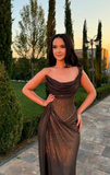 Stunning Brown One Shoulder Mermaid Shiny Long Evening Gown HZ0319