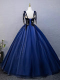 Navy Blue Straps A-Line Tulle Formal Ball Gown Evening HZ0319