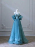 Blue Spaghetti Straps A-Line Tulle Long Formal Party Dress HZ0319