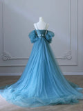 Blue Spaghetti Straps A-Line Tulle Long Formal Party Dress HZ0319