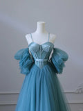 Blue Spaghetti Straps A-Line Tulle Long Formal Party Dress HZ0319