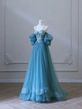 Blue Spaghetti Straps A-Line Tulle Long Formal Party Dress HZ0319