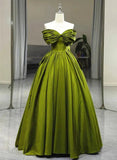 Green A line Off Shoulder Satin Long Party Dress Formal Prom Gown HZ0319