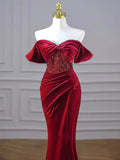 Mermaid Burgundy Off The Shoulder Long Prom Dresses Velvet Birthday Outfits HZ0319