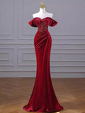 Mermaid Burgundy Off The Shoulder Long Prom Dresses Velvet Birthday Outfits HZ0319