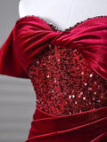 Mermaid Burgundy Off The Shoulder Long Prom Dresses Velvet Birthday Outfits HZ0319