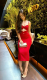 Spaghetti Straps Red Sheath Midi Length Formal Party Dress HZ0319