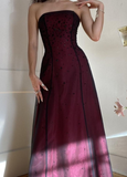 Burgundy Strapless A-Line Vintage Long Evening Party Dress HZ0319