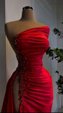 Sexy Red Beaded Satin Long Prom Dress with High Slit HZ0319