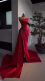 Sexy Red Beaded Satin Long Prom Dress with High Slit HZ0319