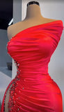 Sexy Red Beaded Satin Long Prom Dress with High Slit HZ0319