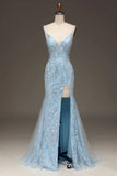 Light Blue Sequins Beads Prom Dress Formal Party Dress with Slit HZ0319