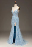 Light Blue Sequins Beads Prom Dress Formal Party Dress with Slit HZ0319