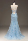 Light Blue Sequins Beads Prom Dress Formal Party Dress with Slit HZ0319