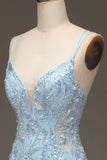 Light Blue Sequins Beads Prom Dress Formal Party Dress with Slit HZ0319
