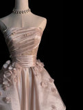Pearl Pink Strapless A-Line Tulle Long Party Gown with Pearls HZ0319
