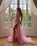 Pink Strapless 3D Flower Tulle Mermaid Long Prom Dress with Slit HZ0319
