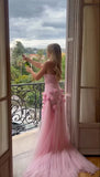 Pink Strapless 3D Flower Tulle Mermaid Long Prom Dress with Slit HZ0319