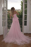 Pink Strapless 3D Flower Tulle Mermaid Long Prom Dress with Slit HZ0319