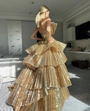 Gorgeous Golden Tiered Ball Gown Long Evening Party Dress HZ0319
