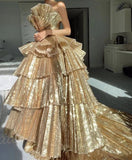 Gorgeous Golden Tiered Ball Gown Long Evening Party Dress HZ0319