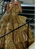 Gorgeous Golden Tiered Ball Gown Long Evening Party Dress HZ0319