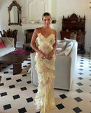 Yellow Spaghetti Straps Ruffle Long Prom Dress with Ruffles HZ0319